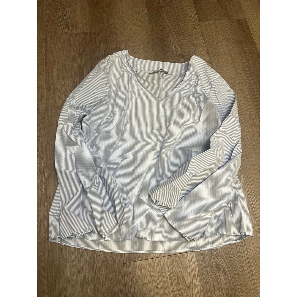 Zara Woman Blue White Pinstripe V-Neck Bell Sleeve Blouse Top Small